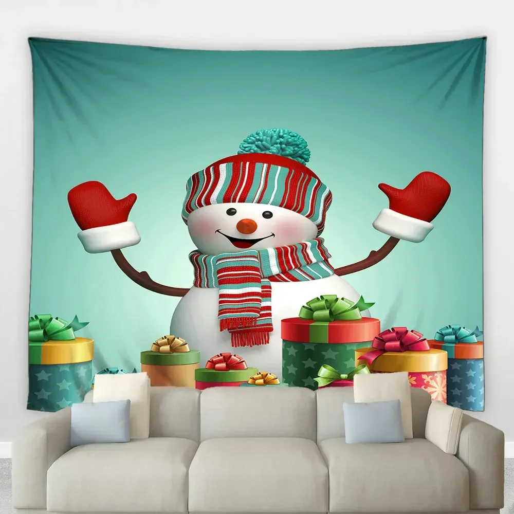 Merry Christmas New Year Decor Tapestry Cartoon Snowman Ski Winter Nature Scenery Wall Hanging Cloth Child Bedroom Home Decor