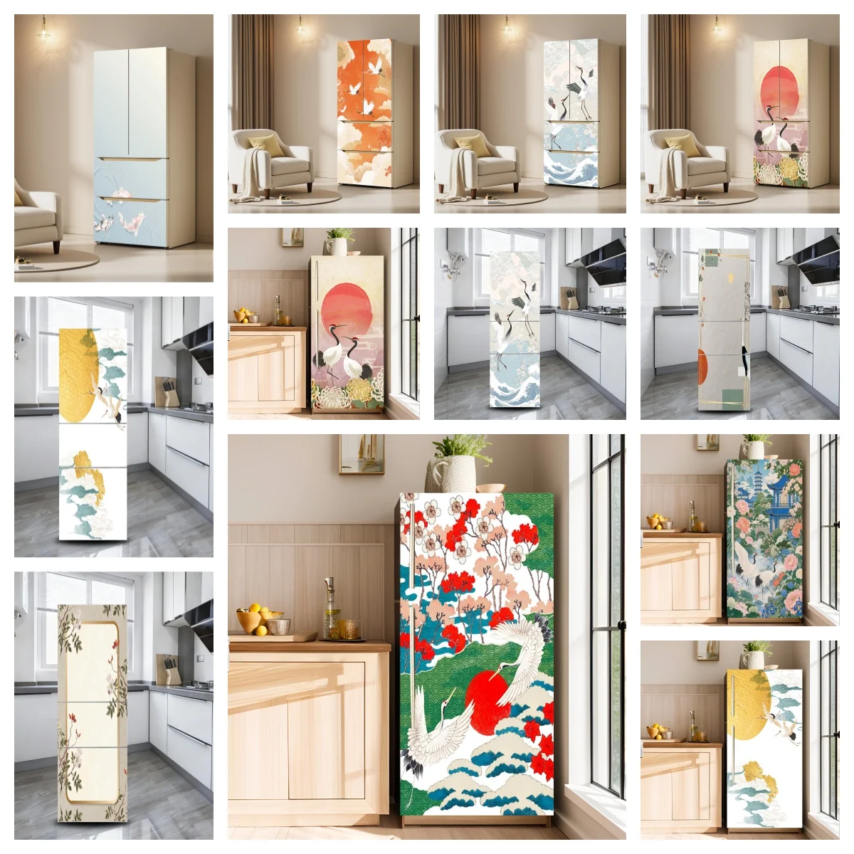 Oriental Style Fridge Sticker Waterproof Oil-Proof Crane Ukiyo-e Pattern Refrigerator Skin for Kitchen Appliance Renovation