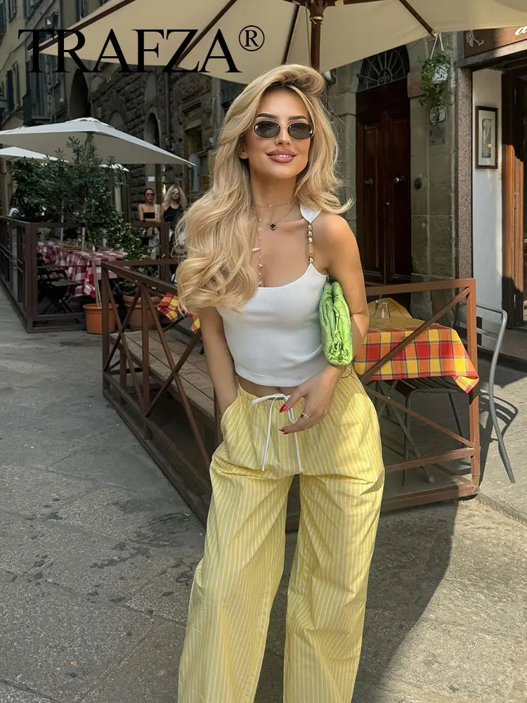 TRAFZA 2024 Stylish Summer Women\'s Yellow Striped Straight Long Pants Versatile High Waist Drawstring Cozy Loose Casual Trousers