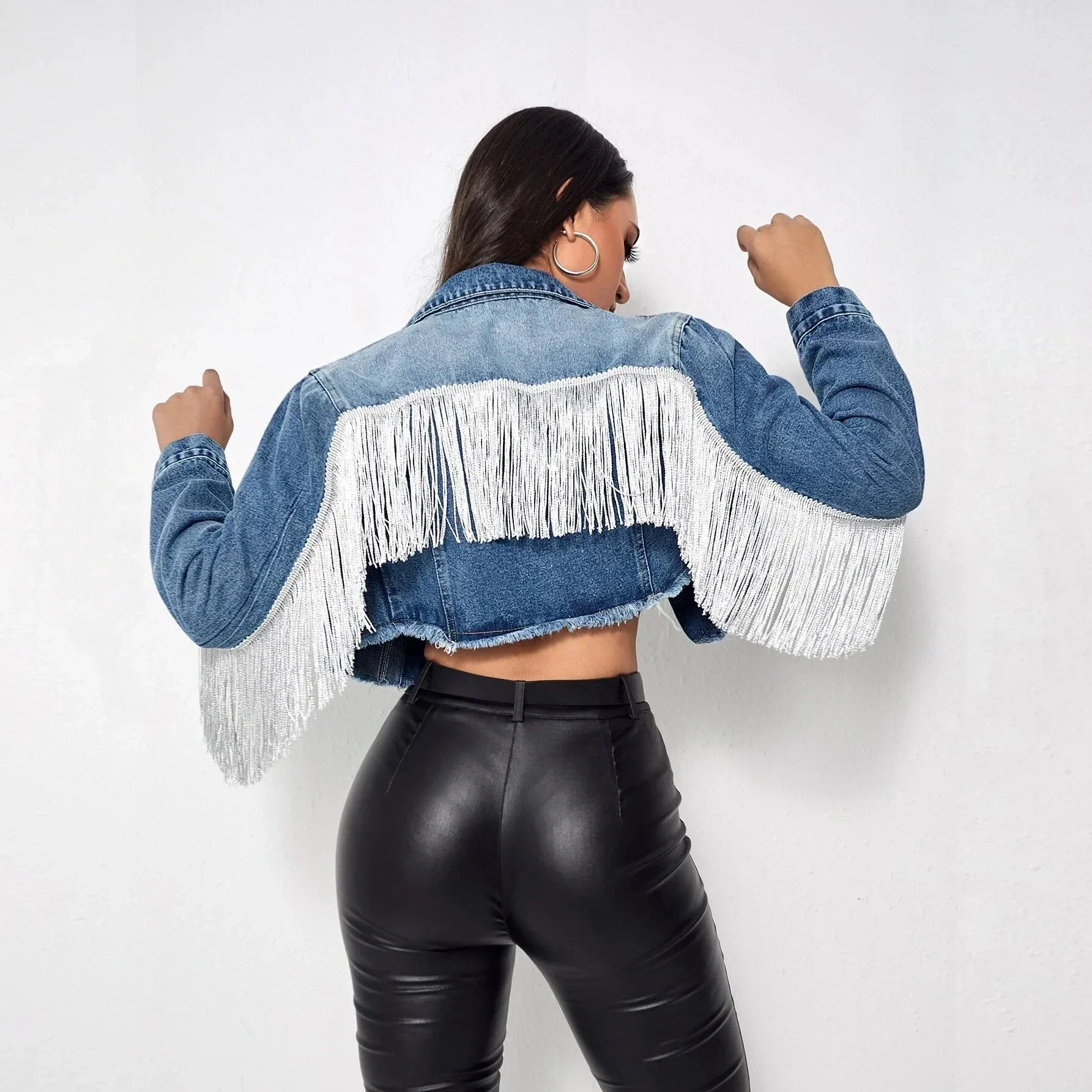 

Street Fashion Vintage Slim-Fit Blue Denim Jacket Short Stylish Tassel Denim Jacket Blue Jean Jacket Woman