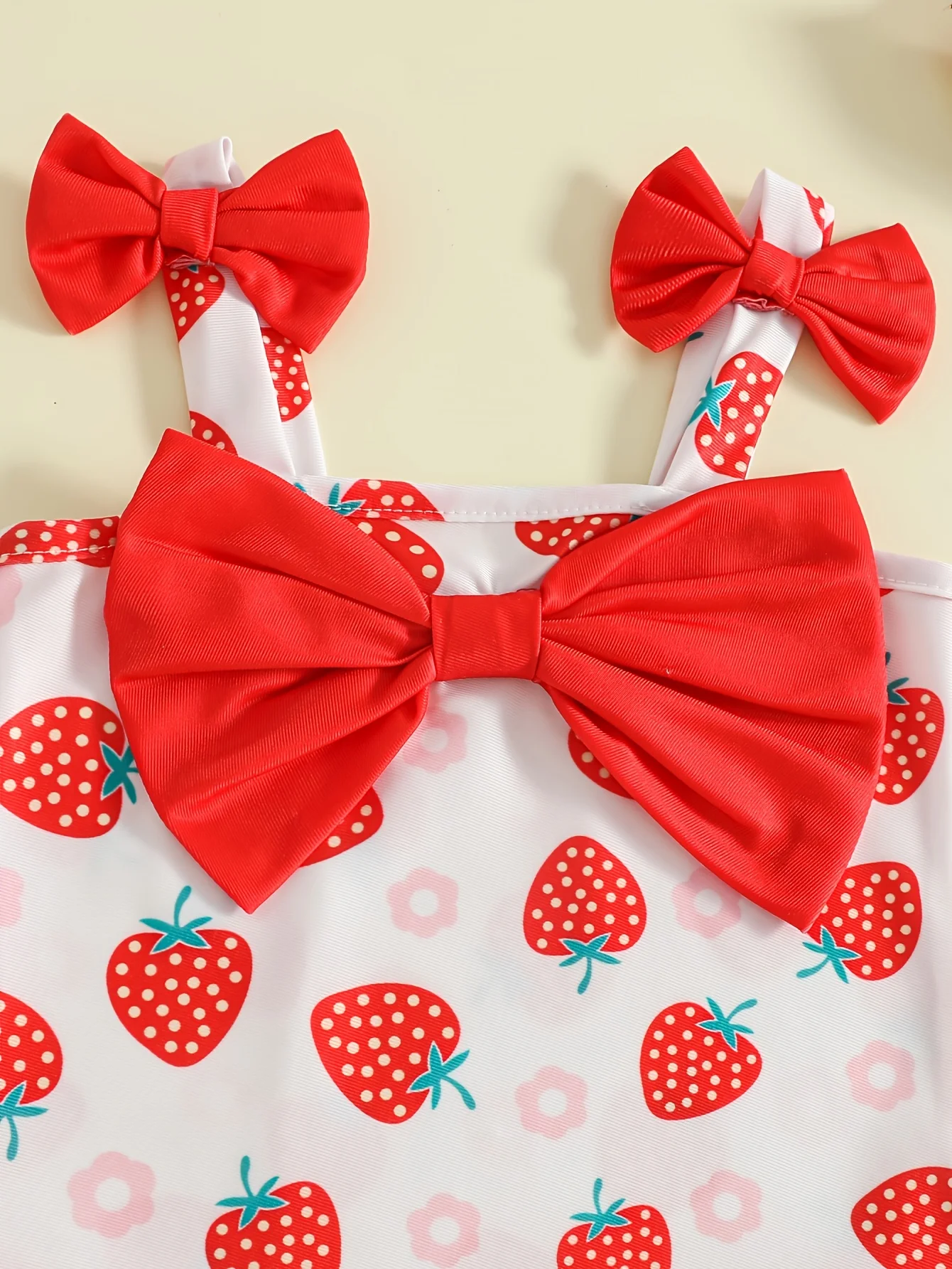 Baby-Mädchen Sommer-Badeanzug-Set 3D-Schleife Erdbeer-Print Träger-Badeanzug mit Fruchtschleifen-Hut Kleinkind Strand-Urlaubs-Outfit – Detail 2
