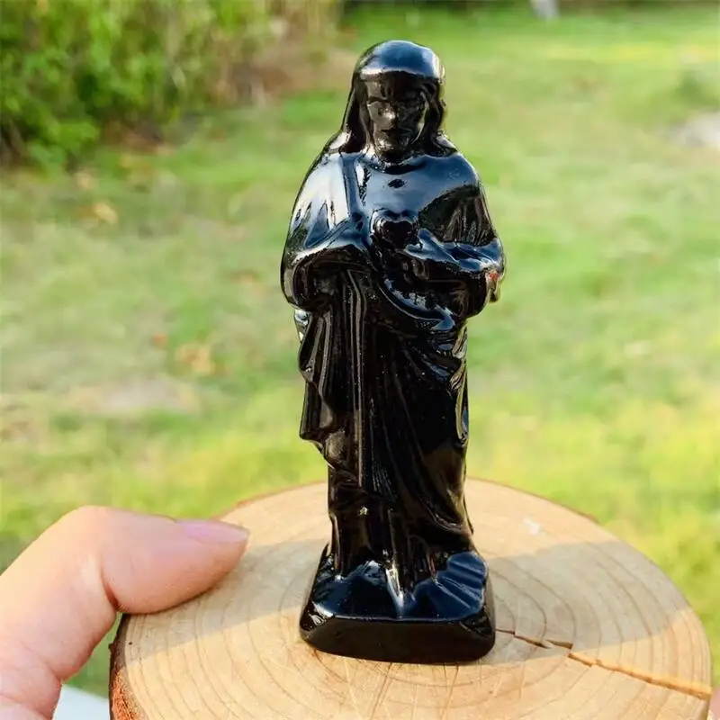 

10CM Natural Black Obsidian Jesus Statue Carving Handmade Carved Crafts Figurine Healing Ornament Room Decor 1PCS