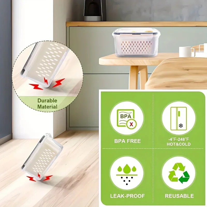 Kühlschrank-Aufbewahrungsbehälter-Set mit Deckeln und Sieb, Plastik-Frischhaltebox für Gemüse, Obst und Fleisch zur Organisation – Detail 4
