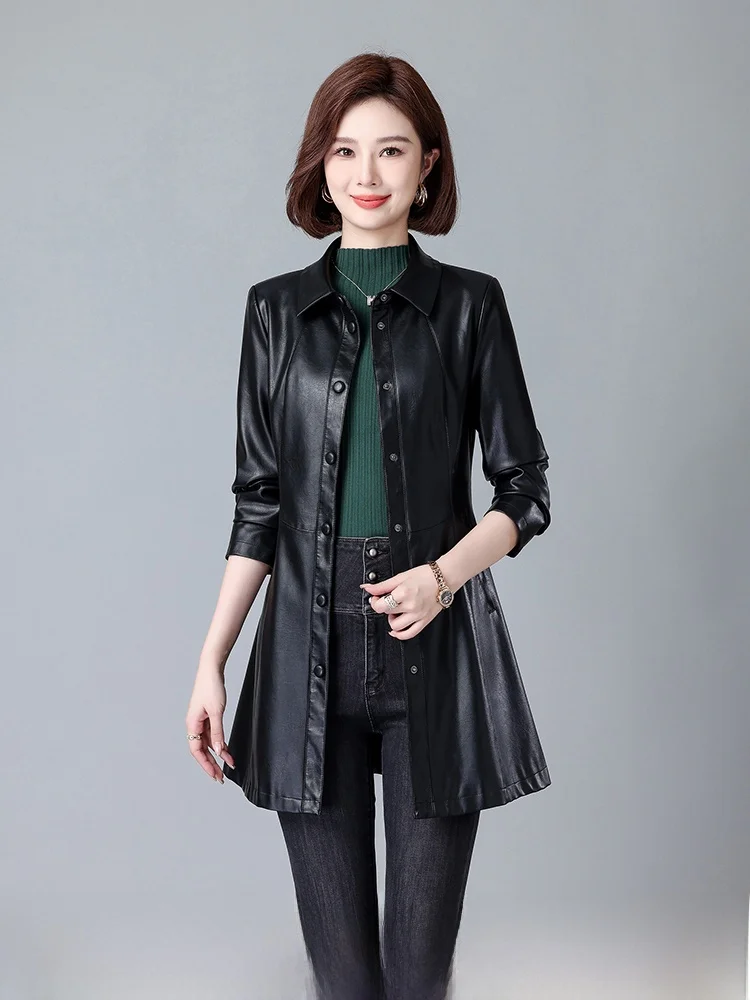 

Женское длинное приталенное пальто-ветровка из натуральной кожи в корейском стиле, модное, из овчины, весна-осень, новинка