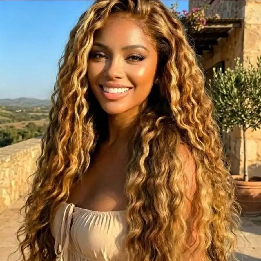 

Highlight Curly 4/27 Wig 13x4 Lace Front Wig Human Hair Wigs Deep Wave Honey Blonde #427Colored Transparent Lace Ombre Lace Frontal Wig 250% Density 24 Inch PrePlucked Wet Wavy for Black Women