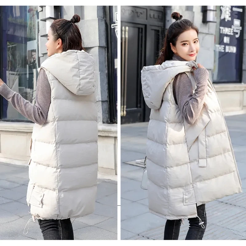 

2023 New Women's Vest Jacket Down Cotton Vest Autumn Winter Jacket Hooded Long Coat Sleeveless Loose Female Waistcoat Snow Wear