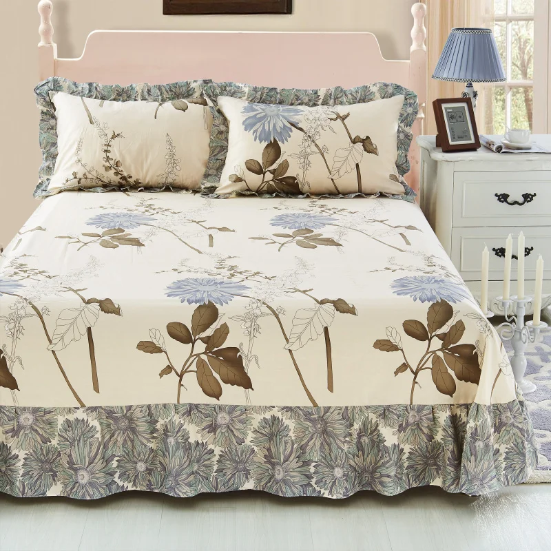 Vintage Floral Print Bed Skirt Set Ruffle Bedspread Mattress Cover Cotton Bedclothes Sheet Princess Style Bedding Bed Spreads