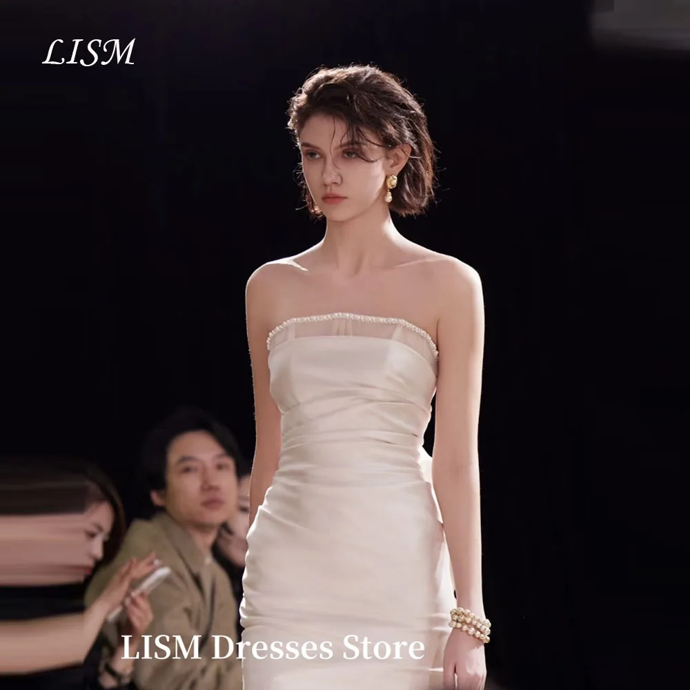 

LISM Simple Korea Wedding Dresses Strapless Flowers Satin Simple Dresses Photo Shoot Night Event Gowns Customized Formal Evening