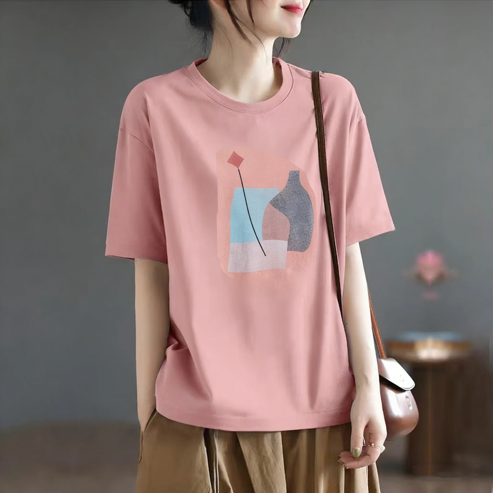 

Loose Women's round Neck Short Sleeve T-shirt plus Size Printed Base Shirt Comfortable Fit Summer New Style Chinese Trend