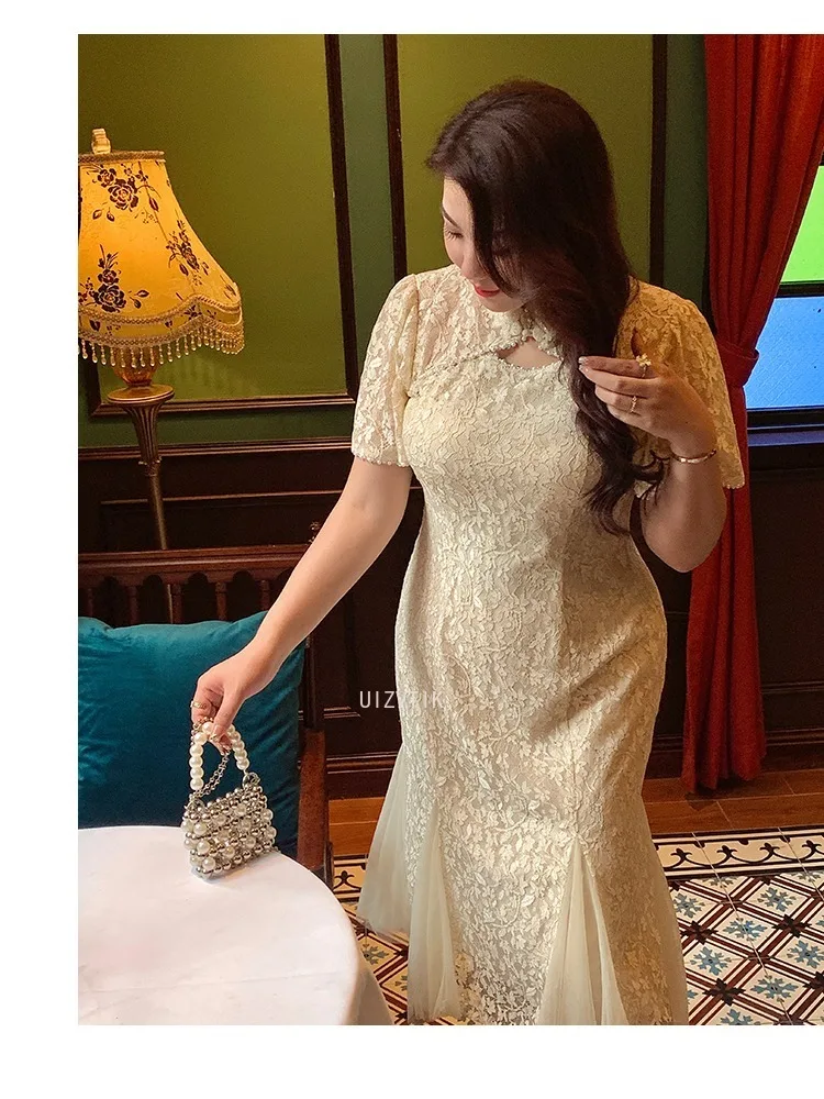 

Sexy Chinese Plus Size Bride Wedding Party Qipao Dress Women Sexy Mermaid Evening Dresses Qipao Mesh Lace Floral Chesongam