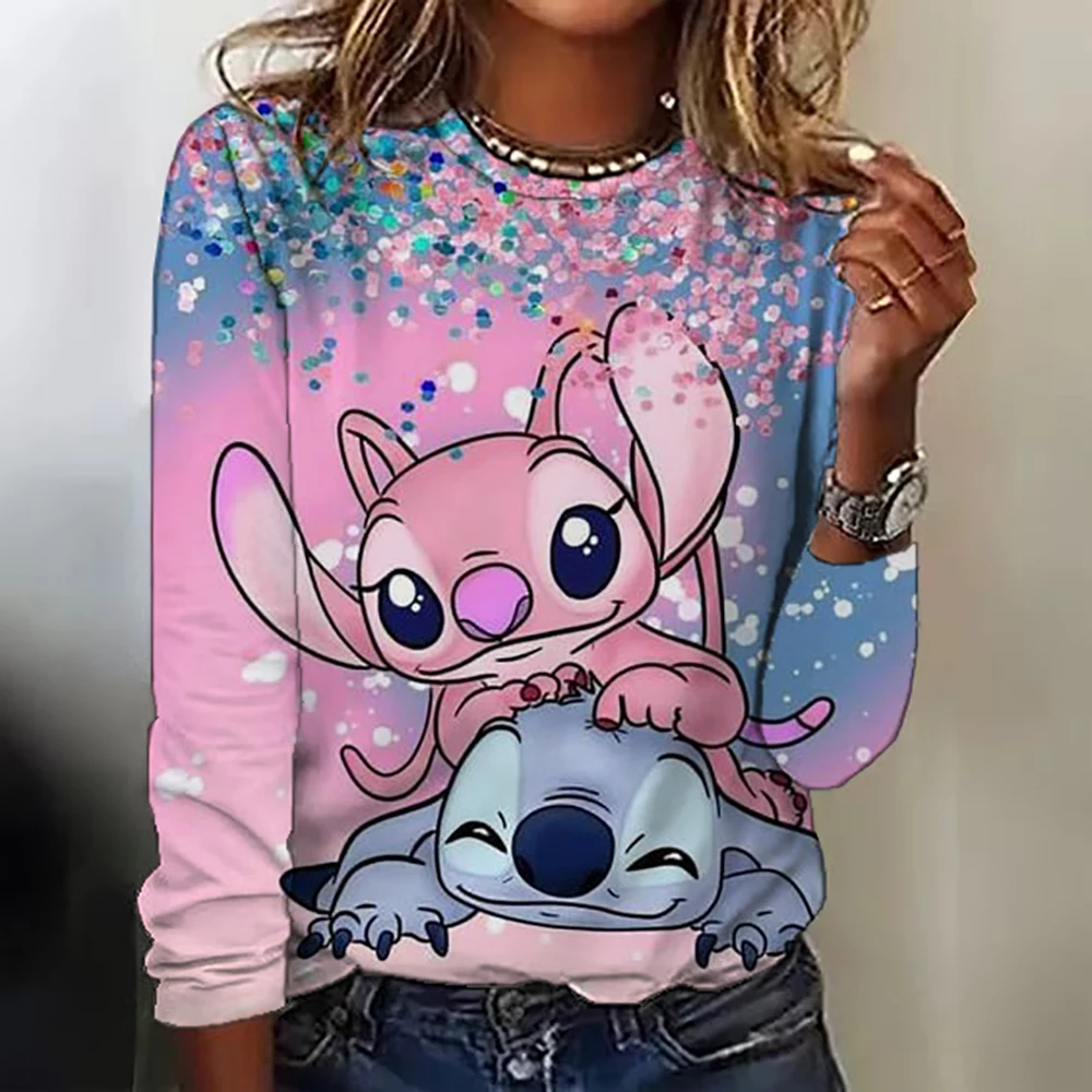 Mickey Mouse Stitch Print T-shirts Tops for Women Lady Autumn Children T-shirts Casual O-neck Ohana Stitch Disney T-shirts