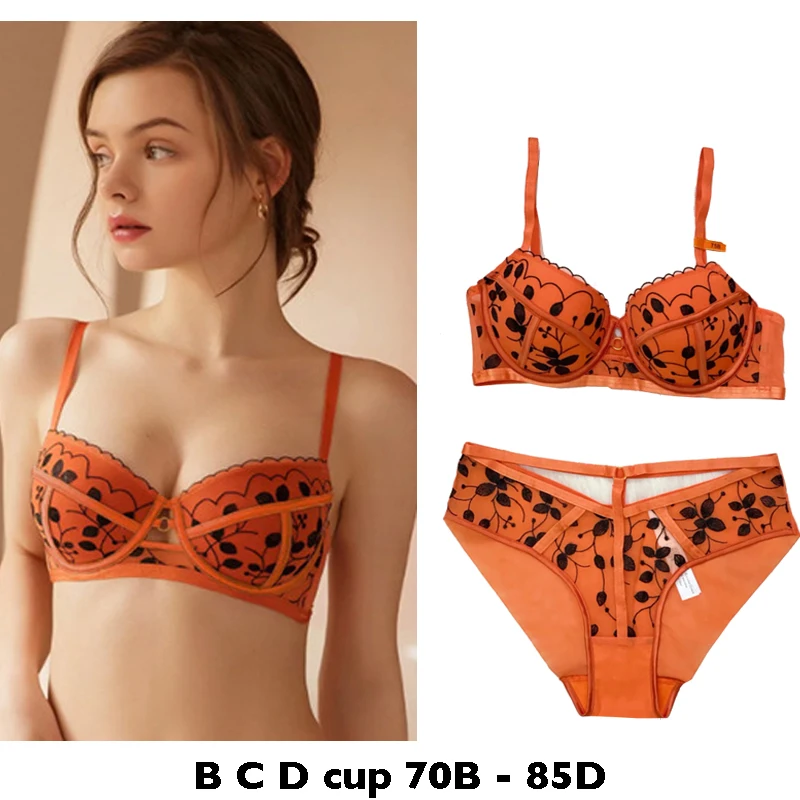 high quality sexy women bras and brief set push up lace B C D cup comfortable wire summer lingerie underwear black white orange