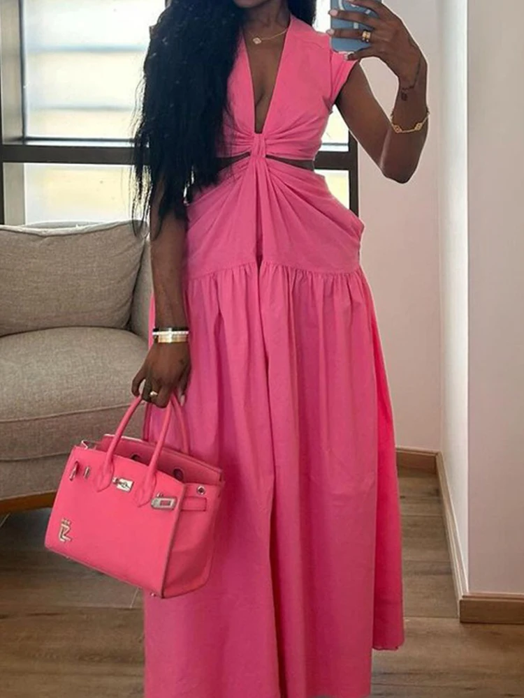 Damska Urocza Różowa Seksowna Sukienka Francuska Bez Rękawów Letnia Sukienka z Wycięciem w Talii Dekolt V Elegancka Długa Sukienka Damska
