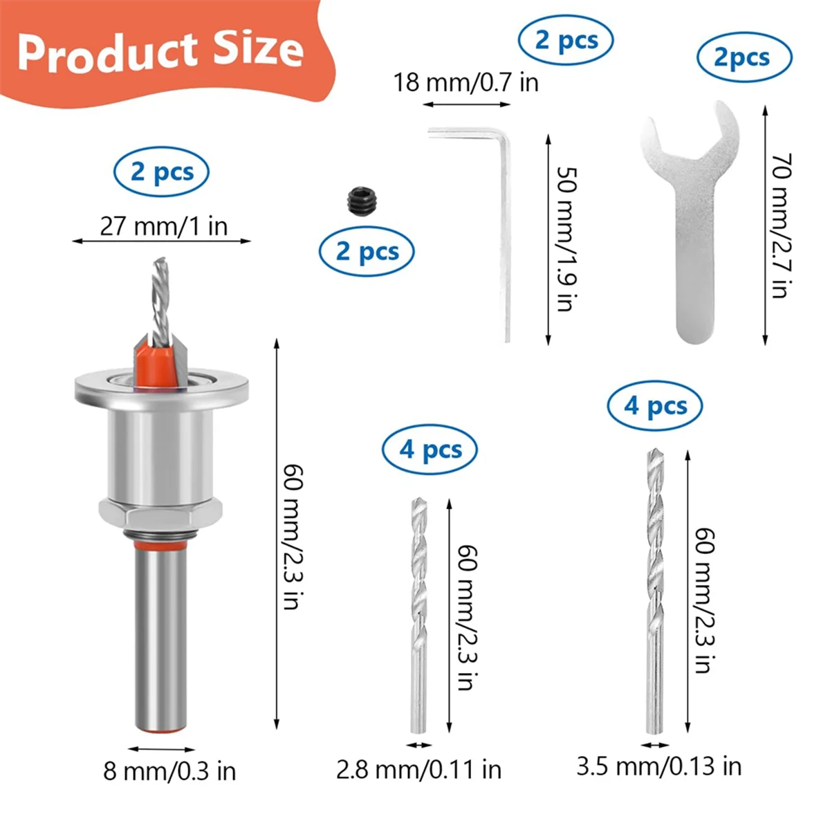 Set di punte per trapano svasatore per legno, svasatore da 8 mm con chiavi esagonali per trapano centrale, per fori per legno e plastica