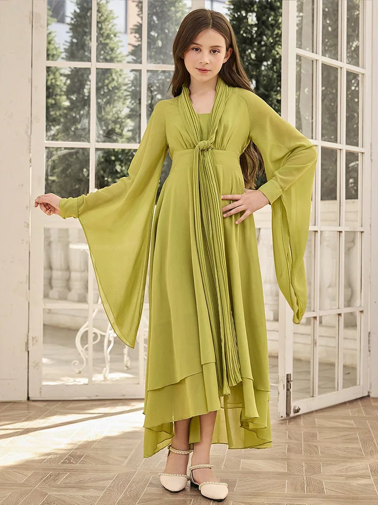 

Muslim Kids Girls Party Dress Abaya Chiffon Dress Kaftan Islamic Child Clothes Eid Ramadan Jalabiya Arabic Robe Caftan Dresses