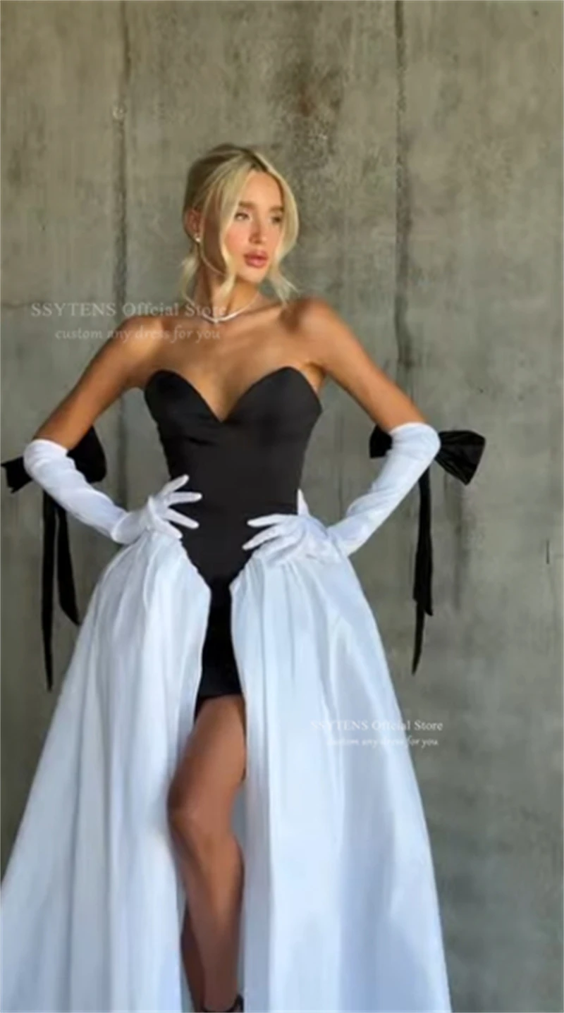 SSYTNS Chic Schwarz Und Weiß Satin Abendkleider Sexy Lange Vestidos De Fiesta Sweeethart Elegantes Robes De Soirée Angepasst