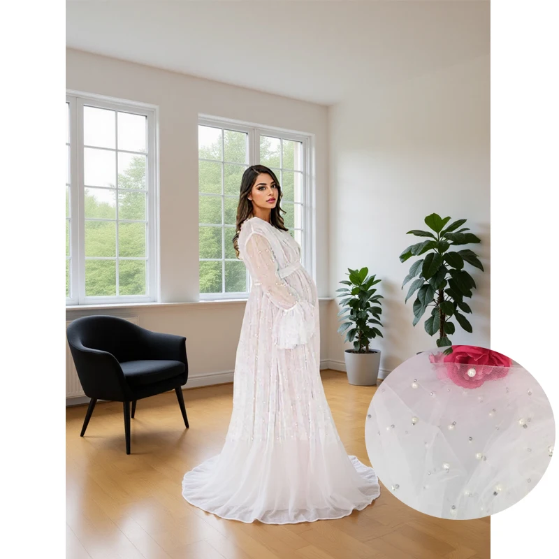 

Pearl Maternity Robe, Fluffy Tulle Pregnancy Photoshoot Dress Baby Shower, Elegant Bridal Lingerie Gown vestido maternidad