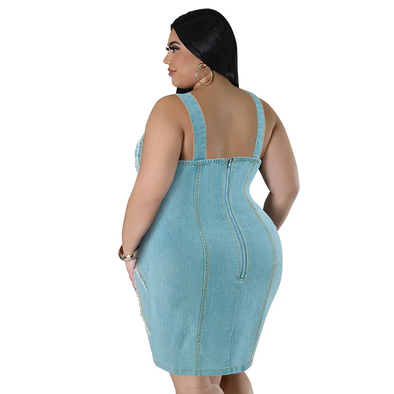 أوروبا وأمريكا الشارع الاتجاه المرأة زائد حجم الدنيم الرسن اللباس، صيف جديد هامش أكمام سليم صالح فساتين الدنيم قصيرة