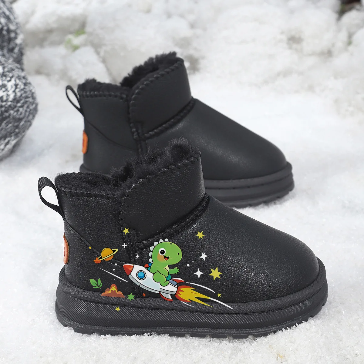 Children Winter Snow Boots Cute Dinosaur Print Black Plush Fleece Warm Non-Slip Rubber Sole Thick Ankle Booties for Boys Girls