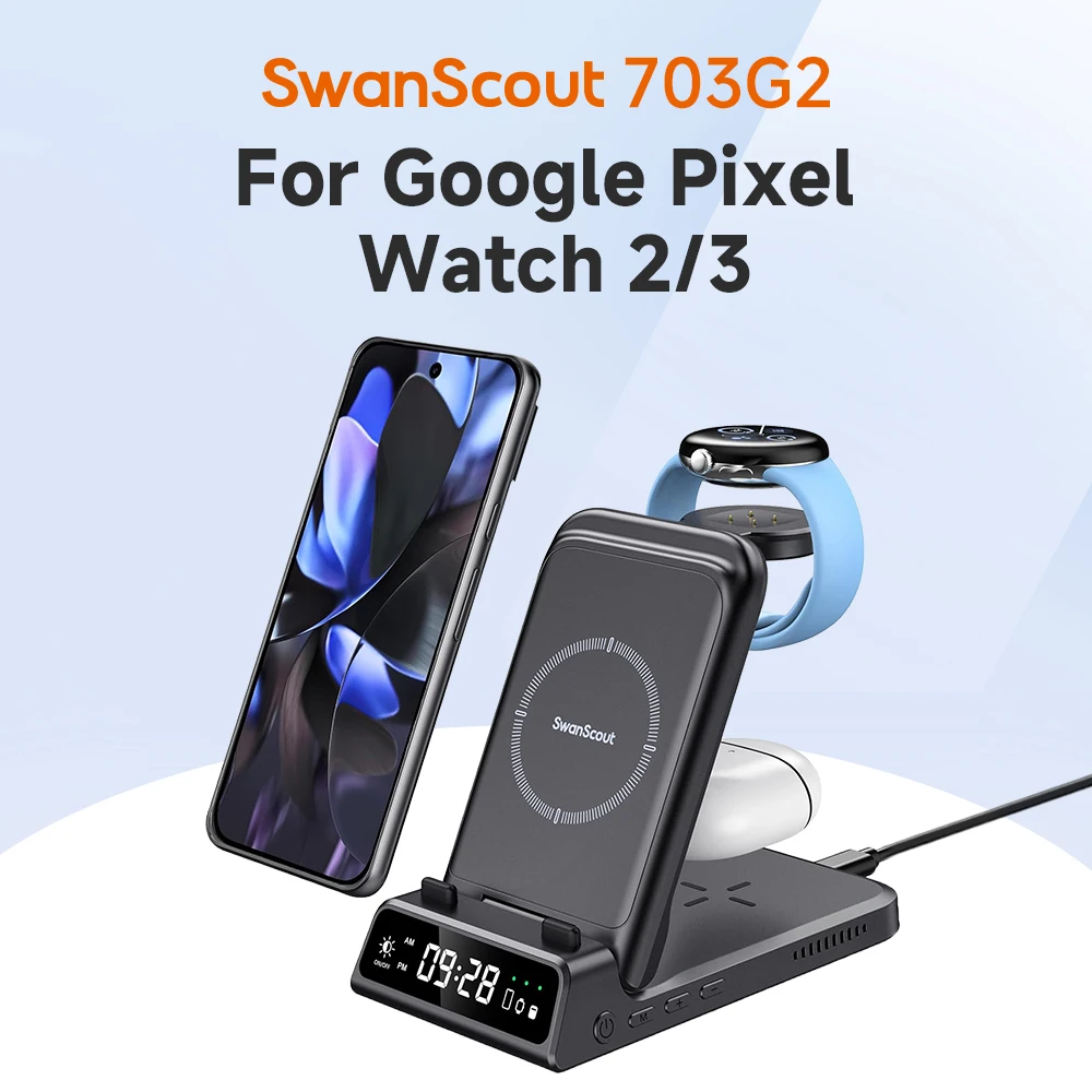 Беспроводное зарядное устройство SwanScout 703G2 для Pixel Watch 3 2 для Google Pixel 9 Pro XL для Fitbit Versa 4 3 Sense 2 для Pixel Buds Pro 2