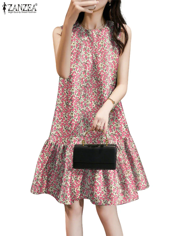ZANZEA สตรี Casual Ditsy ดอกไม้พิมพ์เข่าความยาวชุดแฟชั่น O-คอแขนกุด Ruffled Hem Robes Femme ฤดูร้อน Sundress
