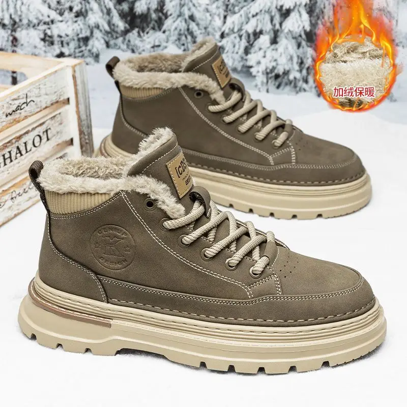 

Men's Winter Thickened Fleece Lined Thermal Cotton Boots High-Top Leather Shoes Thick Sole Outdoor Snow Boots