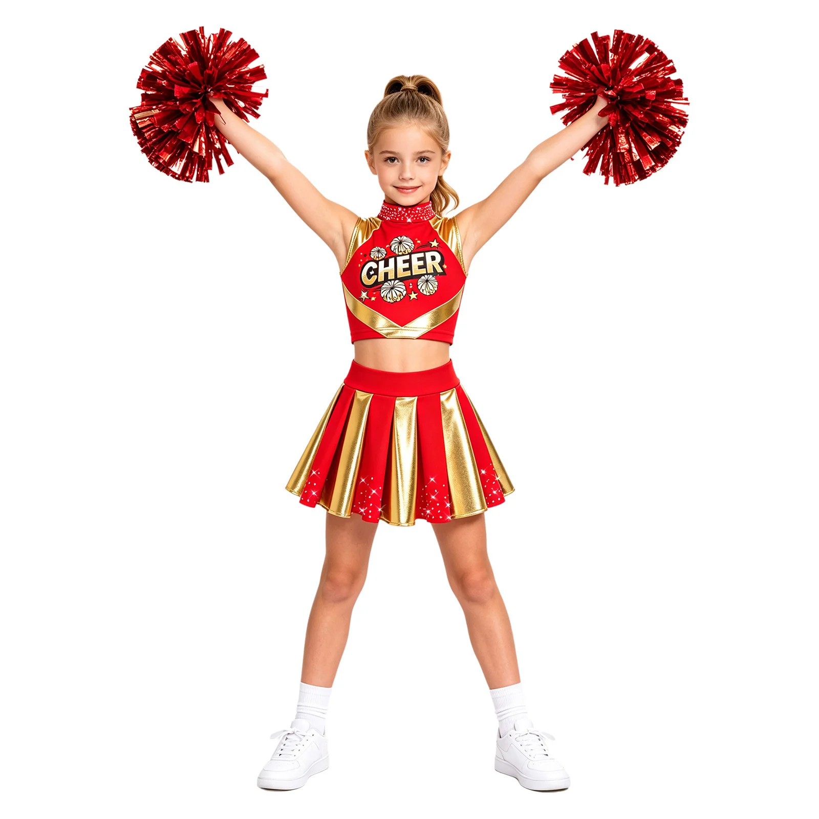 Cheerleader-Kostüm für Mädchen, Cheerleading-Uniform, 2-teiliges Set, ärmelloses Top mit Strasssteinen und „CHEER“-Aufdruck, kurzes Oberteil, plissierter Rock, Tanzoutfit. – Detail 15