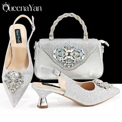 QSGFC Italian Design Girly Style Silver Color Pointed Toe Wedding Shoes And Bag Full Diamond Decoration Handle Bag