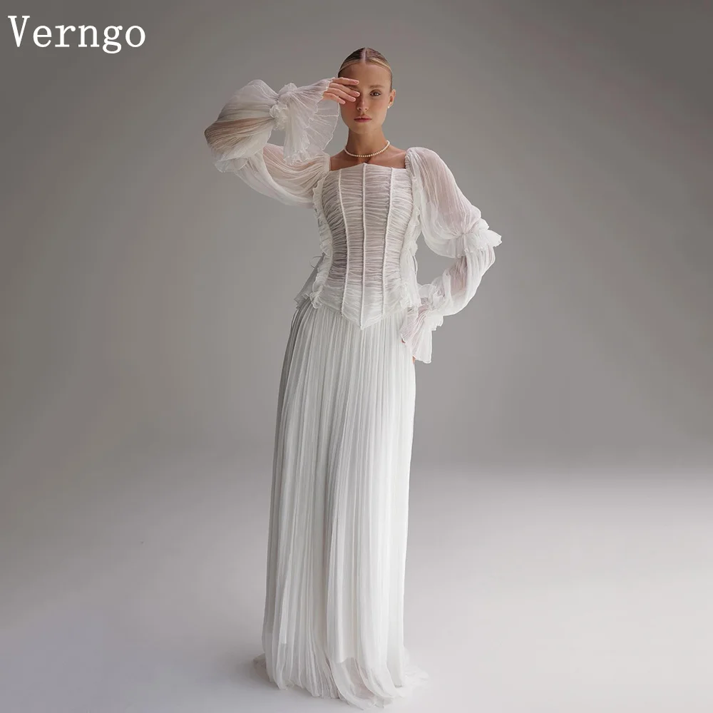 

Verngo lvory Crepe Wedding Dress Square Collar A Line Bride Dresses Elegant Pull Full Sleeves Long Bridal Gowns Customized