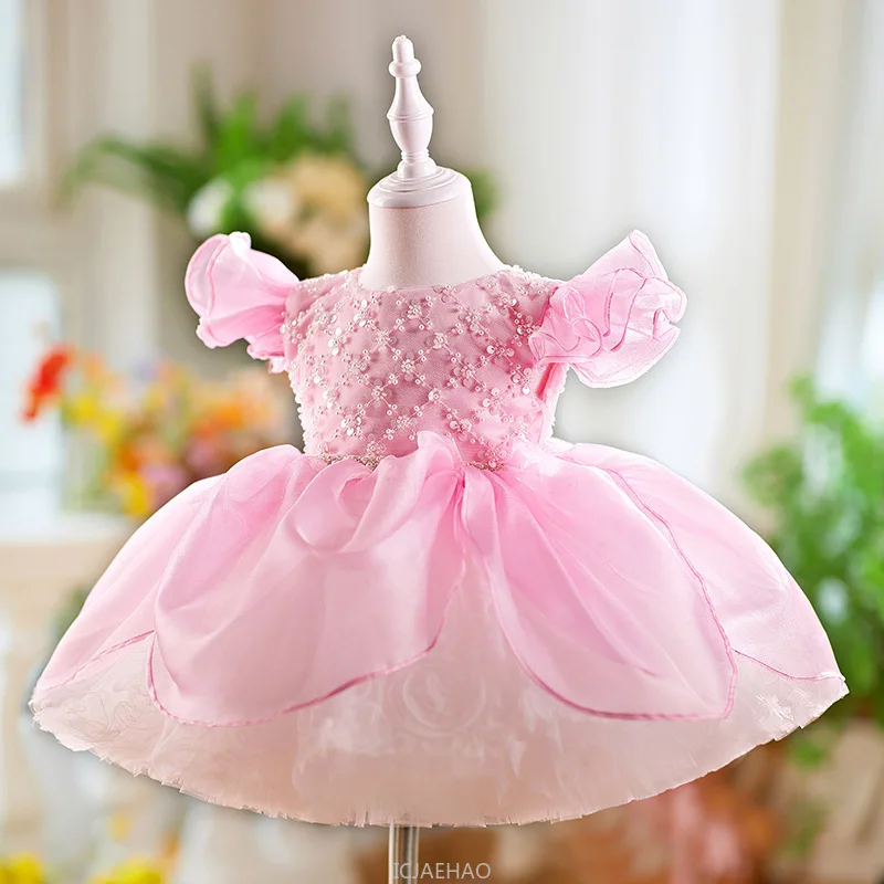 

Wed Dress New Pink Girls Princess Dresses Flutter Sleeve Baby Toddler Party Wear Costume Tutu Gown Kids First Birthday Outfit