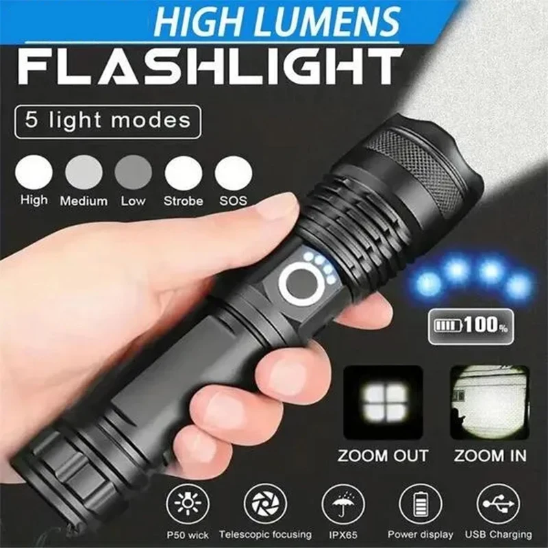 High Power XHP100 Led Flashlight Rechargeable 4 Core Torch Zoom Usb Hand Lantern For Camping, Outdoor & Emergency Use