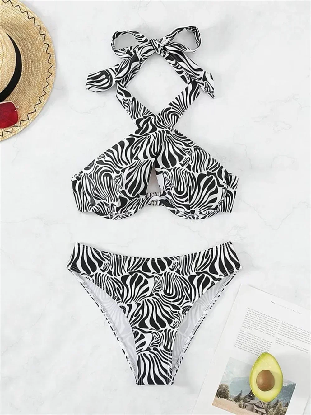 

Зебра с принтом и открытой спиной, бандажное бикини с эффектом пуш-ап, купальник с лямкой на шее, отпускной купальник, женские пляжные купальные костюмы, бикини
