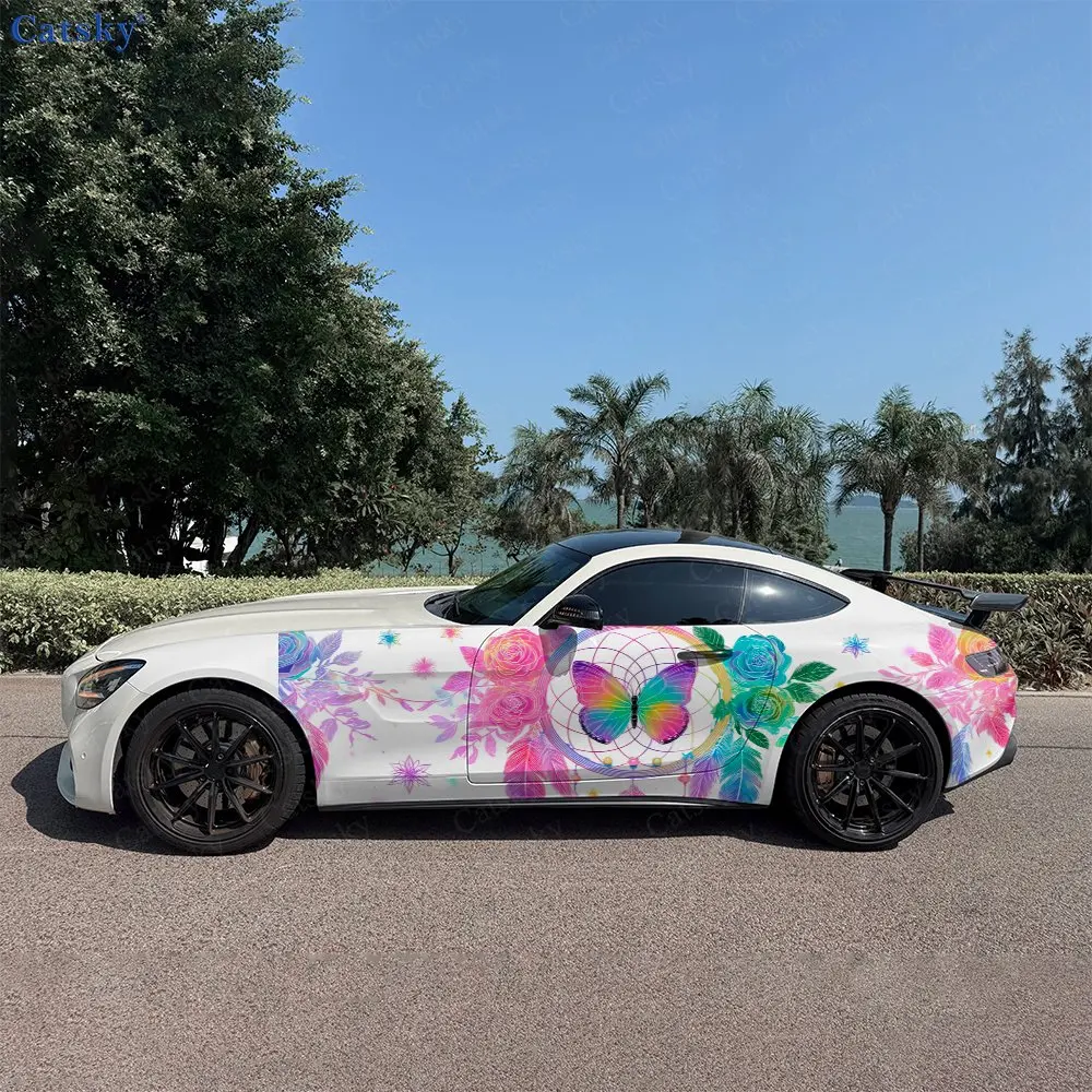 2pcs Dreamcatcher Rainbow Butterfly Car Side Wraps, Self-Adhesive PVC Waterproof & Scratch-Resistant Sticker, Car Accessory Gift