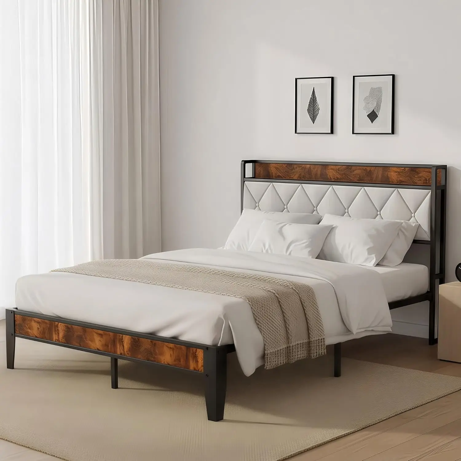 

Metal Bed Frame Full Size with Charging Station & Upholstered Headboard, Heavy Duty Metal Platform Bed Frame No Box Spring Ne