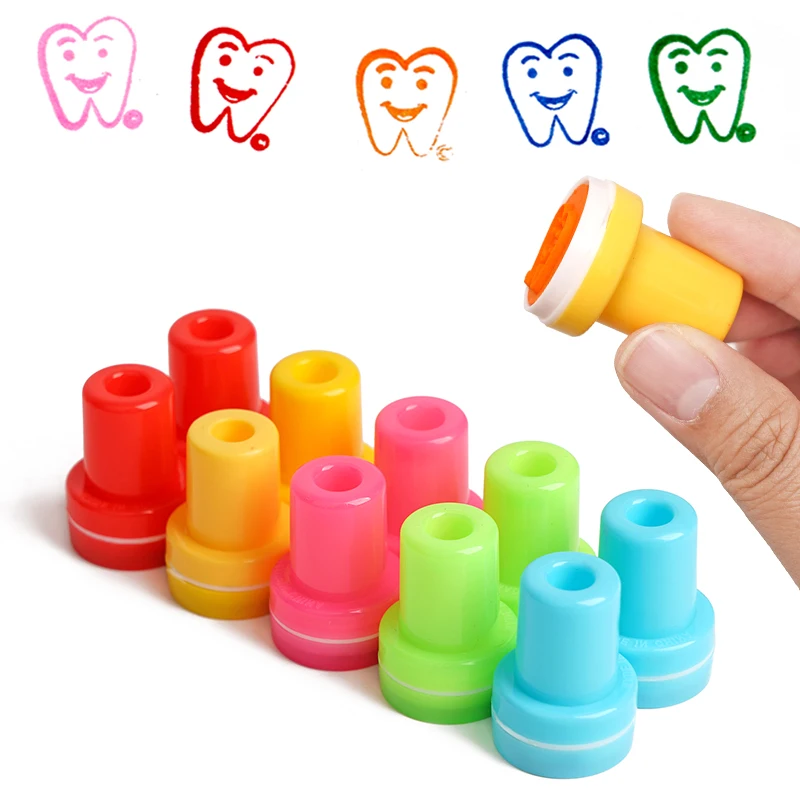10pcsKids Dentist Gift Smiley Face Tooth Stamper Self-Ink Tooth Pattern Stamps Encouraging Seal Sticker Souvenir for Dental Care