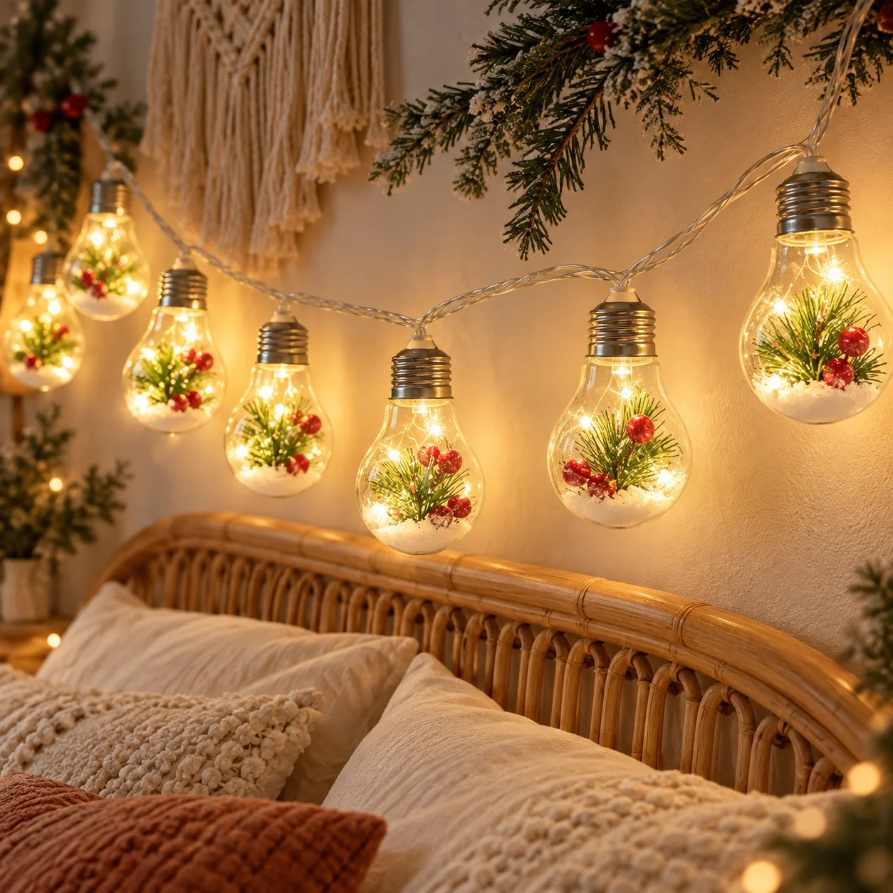 Festive Solar Vintage Bulb Fairy Lights, Snowy Pine Berry Inside Clear Lamp Shell, Indoor & Outdoor Xmas Window, Tabletop Decor