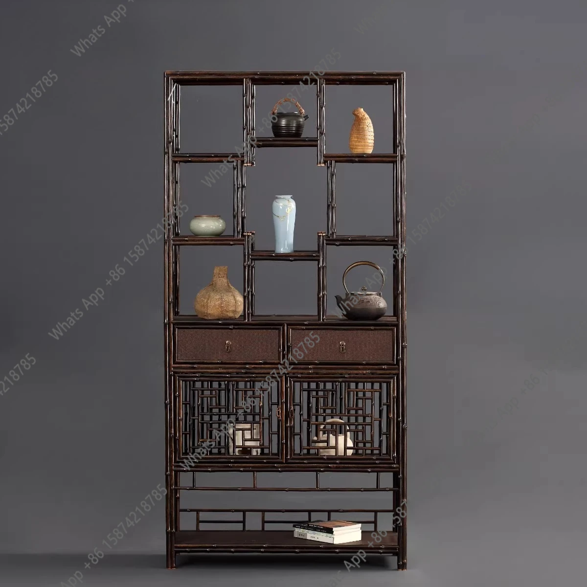 Double bamboo joint purple bamboo bogu cabinet imitation Ming-style furniture production tea set storage rack bureau elegant