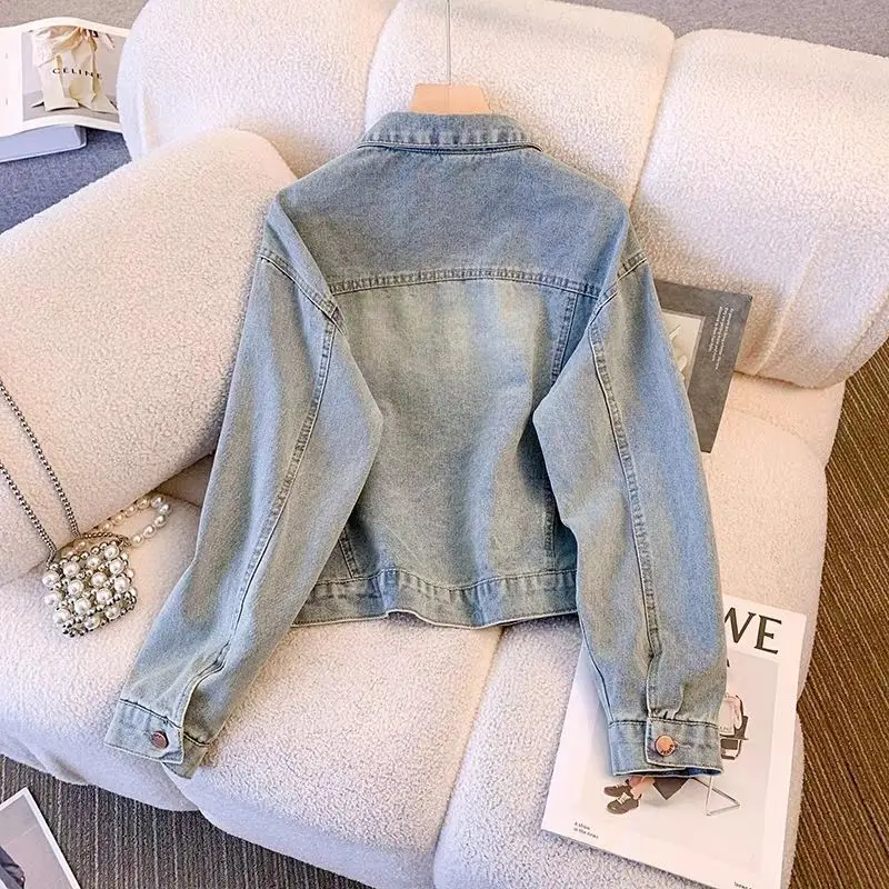 Short Style Retro Denim Jacket For Women Spring Autumn New Loose Hong Kong Versatile Edge Design Jacket Long Sleeve Cowboy Top