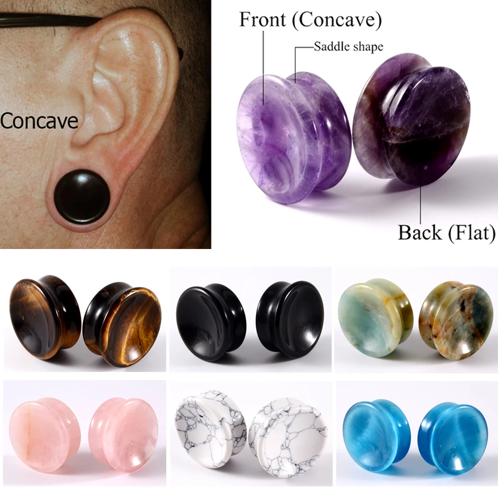 1 para nowych ametystowych tygrysich oko Howlite kryształowy kamień wklęsły solidny tunele do uszu podwójne rozszerzane zatyczki do uszu kolczyk kolczyk Piercing biżuteria