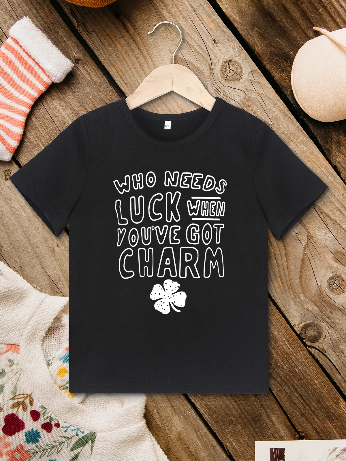 

Summer New Kids T-shirt “Who Needs Luck When You've Got Charm” Fun Boys and Girls Clothes Short Sleeve Black Basic T Shirts