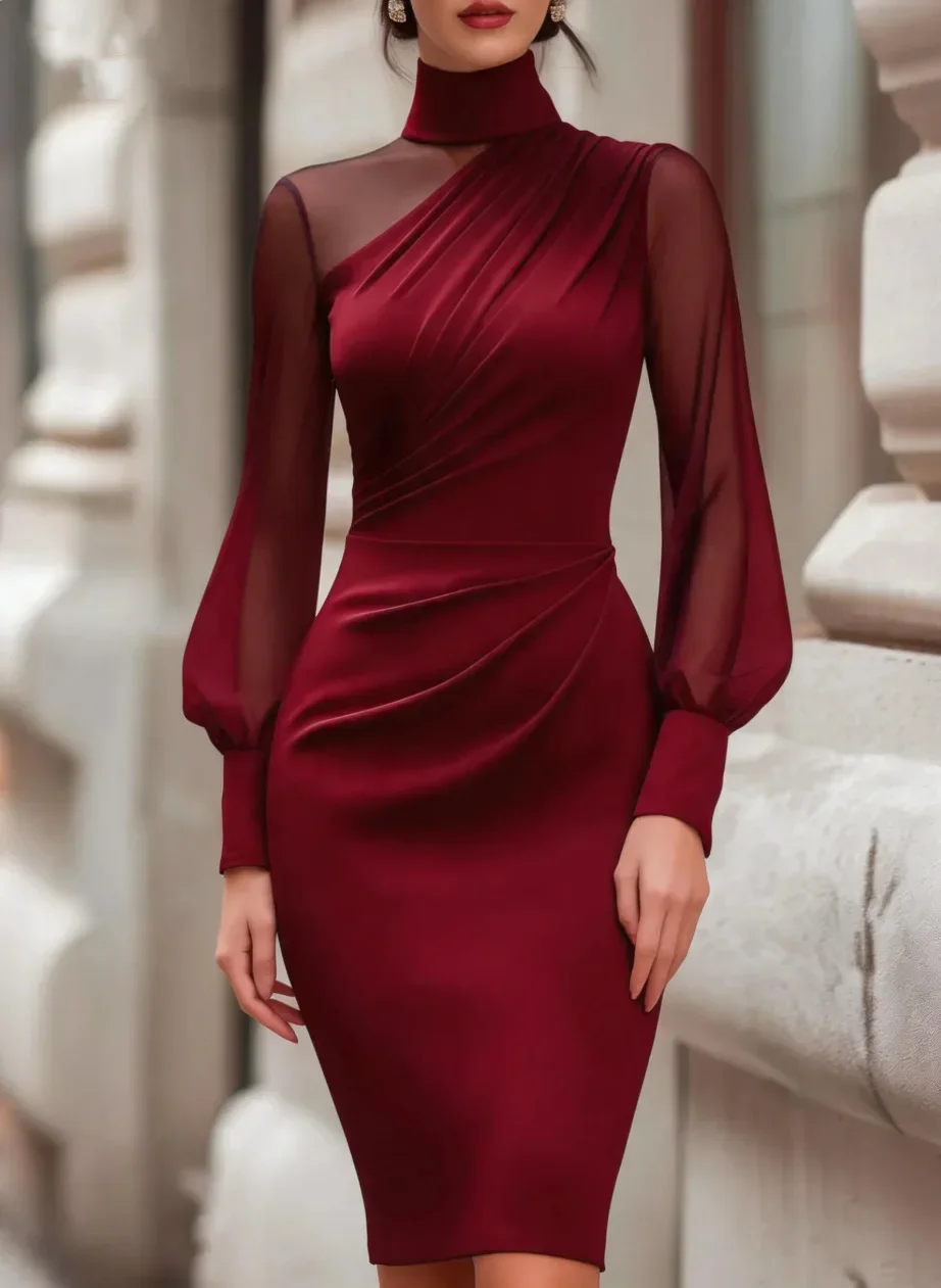 Damen Rollkragen-Choker-Midikleid mit Asymmetrischem Drapiertem Oberteil, Transparenten Bischofsärmeln und Gerafftem Cocktailkleid für Partys – Detail 10