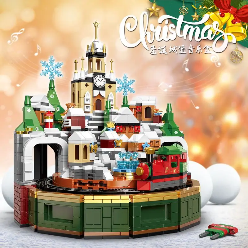 Creative Christmas Series Castle Music Box Building Blocks Street View Train Model Assemble Mini Brick Toys For Kids Adults