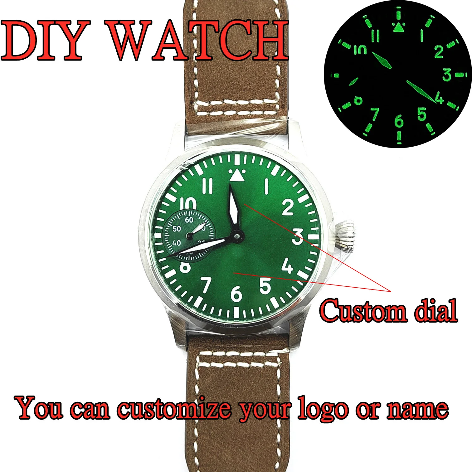 

Customized watch 42mm silver sapphire glass leather bracelet men's watch green luminous adaptation manual winding movement ST360