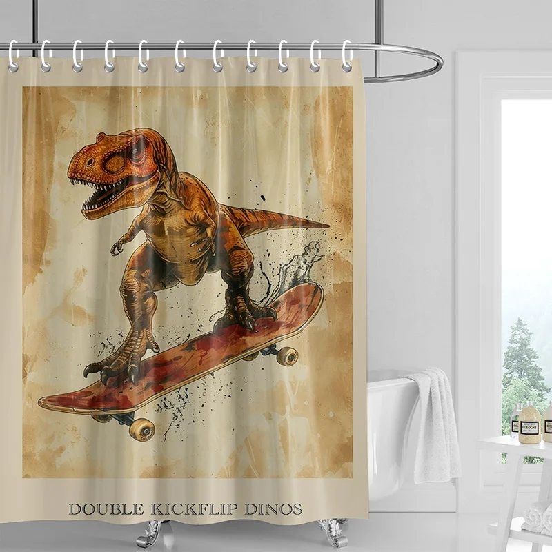 

Занавеска для душа T-Rex для скейтбординга — оранжевый Dino Doing Kickflip на красной доске, эффекты брызг, водонепроницаемый декор в стиле ретро