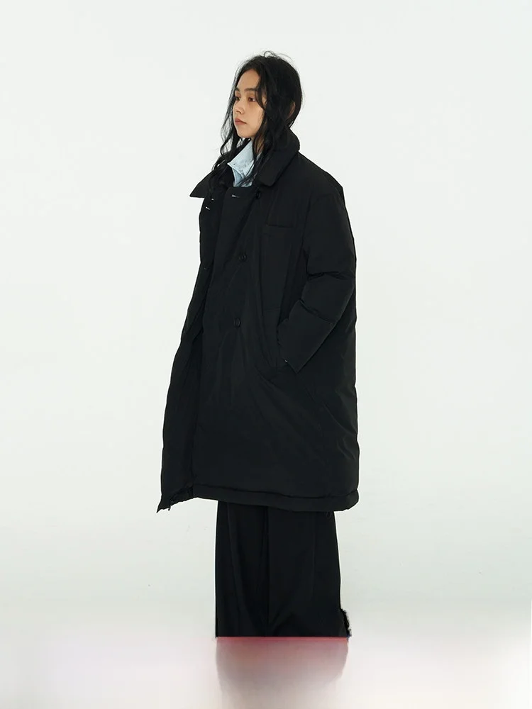 

Bla Double-Breasted Du down Jaet Detachable Scarf Women's Puffer Coat Thiened Long Sve OL Sle Commute Windbreaker