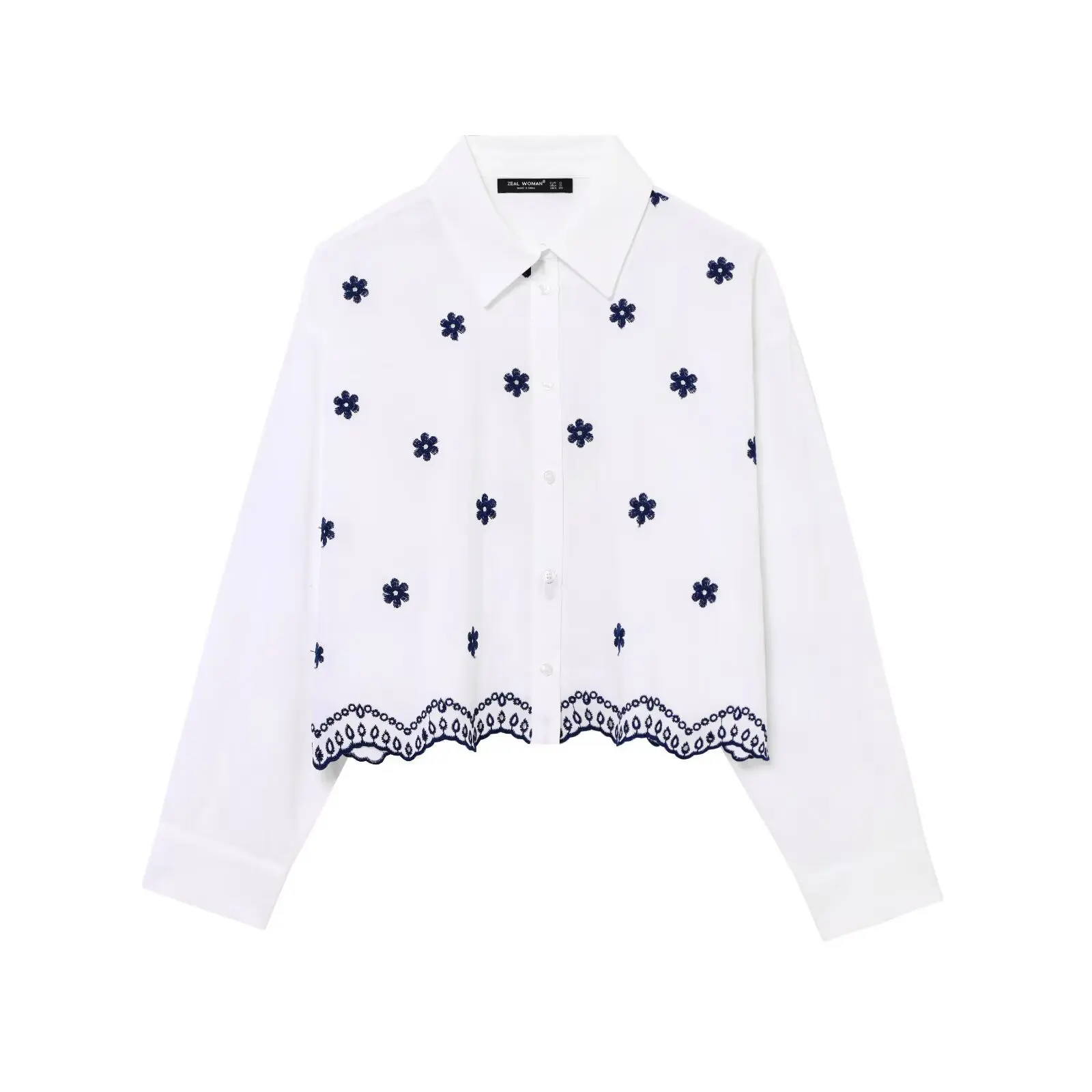 

Poplin Lapel Long Sleeved Shirt Embroidery Shirts for Women Spring Long Sleeve Cropped Shirt Woman Fashion Elegant Blouse Tops