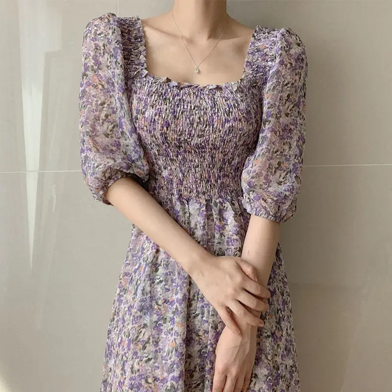 France Vintage Print Chiffon Floral Dress Woman 2022 Summer New Elegant Folds Half Sleeve Square Collar High Waist Knee Dresses