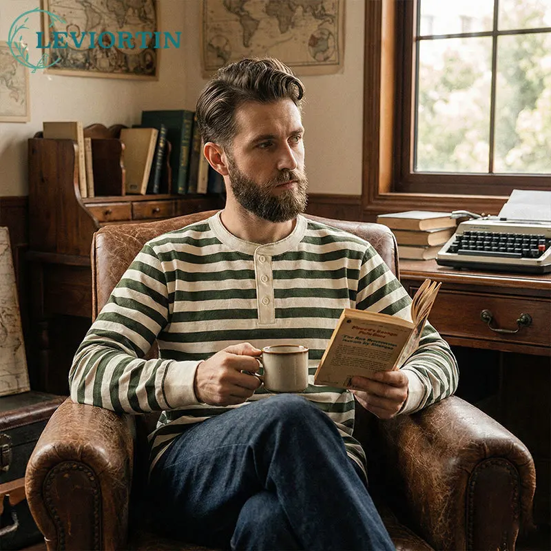 Men's Heavyweight Henry Collar Striped T-shirt Spring Fashion Cotton 230Gsm Laundry Casual Long Sleeve Deck Breton BasicTops Tee