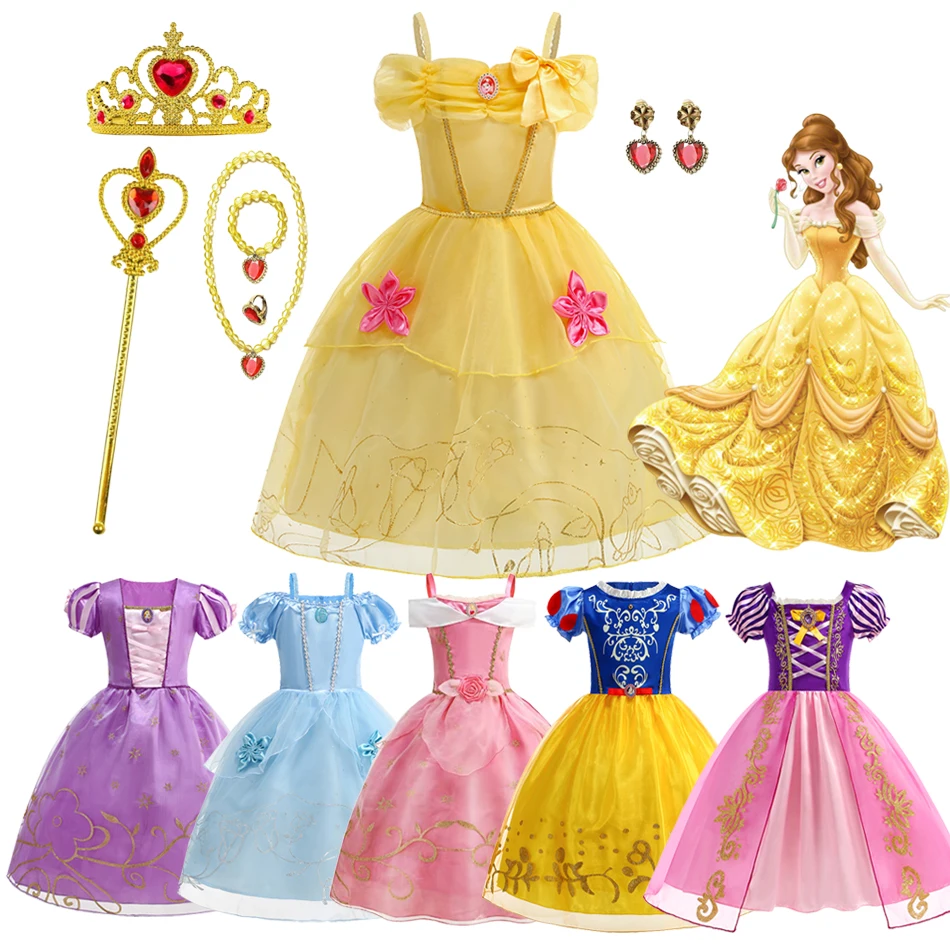 

Girl Belle Princess Dress Rapunzel Costume Aurora Princess Cosplay Snow White Disney Halloween Carnival Party Vestidos Kid Dress