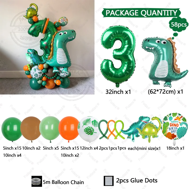 58 قطعة برج بالون الديناصور الأخضر الكرتوني مع 1-9 بالون أرقام خضراء لصبي ديناصور تحت عنوان حفلة عيد ميلاد لتقوم بها بنفسك زينة #6